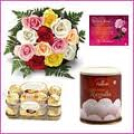 12 Mix Roses With Haldiram Rasgulla, 16 Pcs Ferrero Rocher Box And Free Card